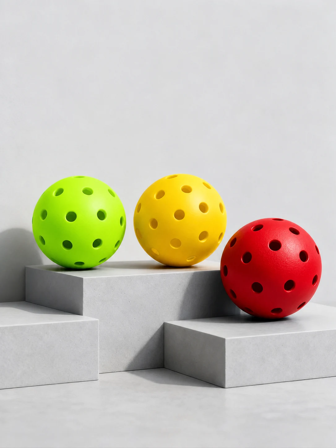 Three ONES pickleballs displayed on white studio plinths